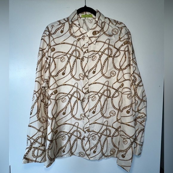 Tell your friends gold chain print silk blouse size L - Picture 1 of 6